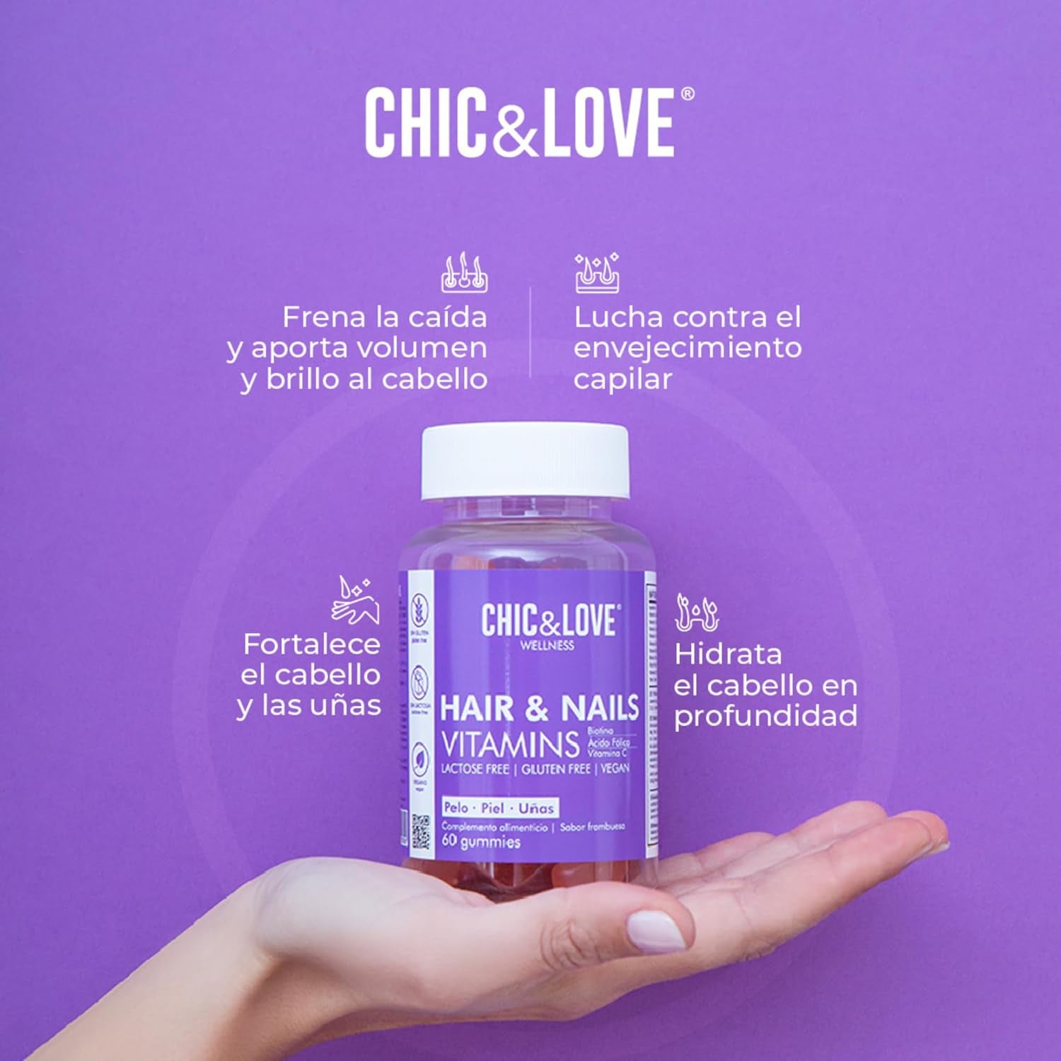 CHIC & LOVE | Gominolas Para Cabello Y Uñas Para Mujer | Vitaminas A, D, E, C, B5, B6, B12, Biotina 5.000 Mcg, Ácido Fólico YODO | SIN Gluten, SIN Lactosa, Veganas | Frambuesa | 60 Gominolas, 2 Meses
